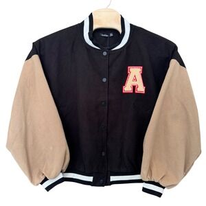 NWT Boohoo Patch Letter Oversized Varsity Jacket Womens US 10 Collegiate Preppy